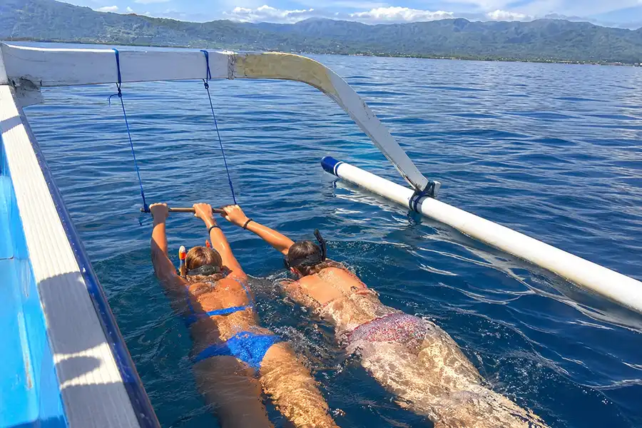Snorkeler exploring calm waters off Lovina Beach after a dolphin watching tour