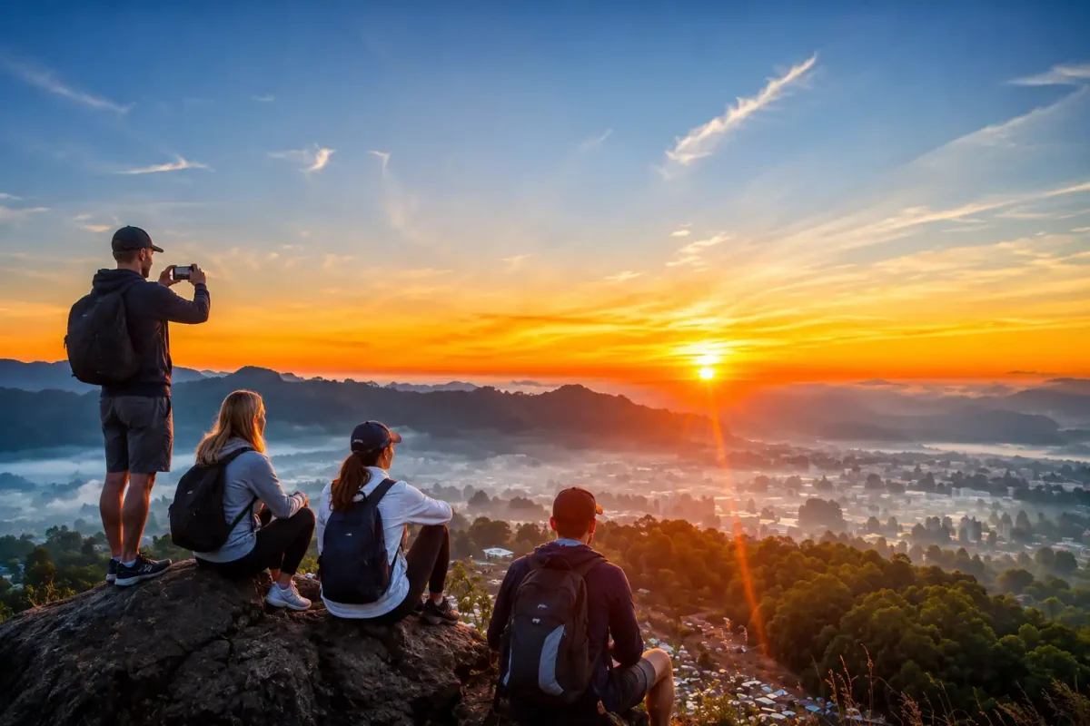 Visitors watching the sunset over Mount Batur with breathtaking volcanic scenery in Bali.