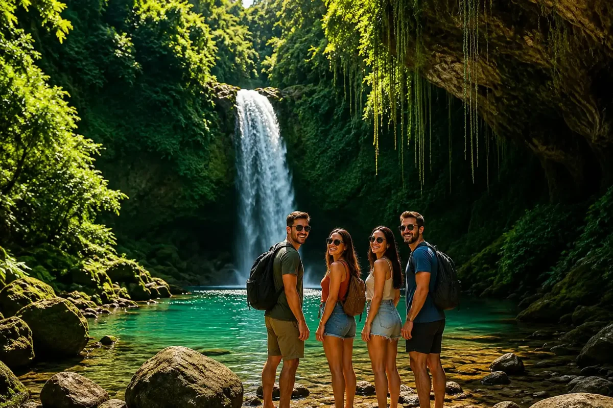 Scenic view of Tukad Arca with clear flowing water and tropical greenery in Karangasem.