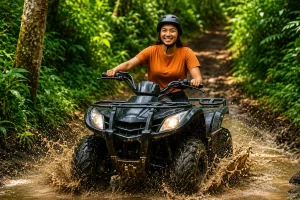 ATV riders exploring muddy jungle trails in Ubud and scenic countryside in Tabanan, Bali.