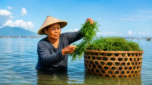 Female seaweed farmer working in the shallow waters of Bali during low tide.