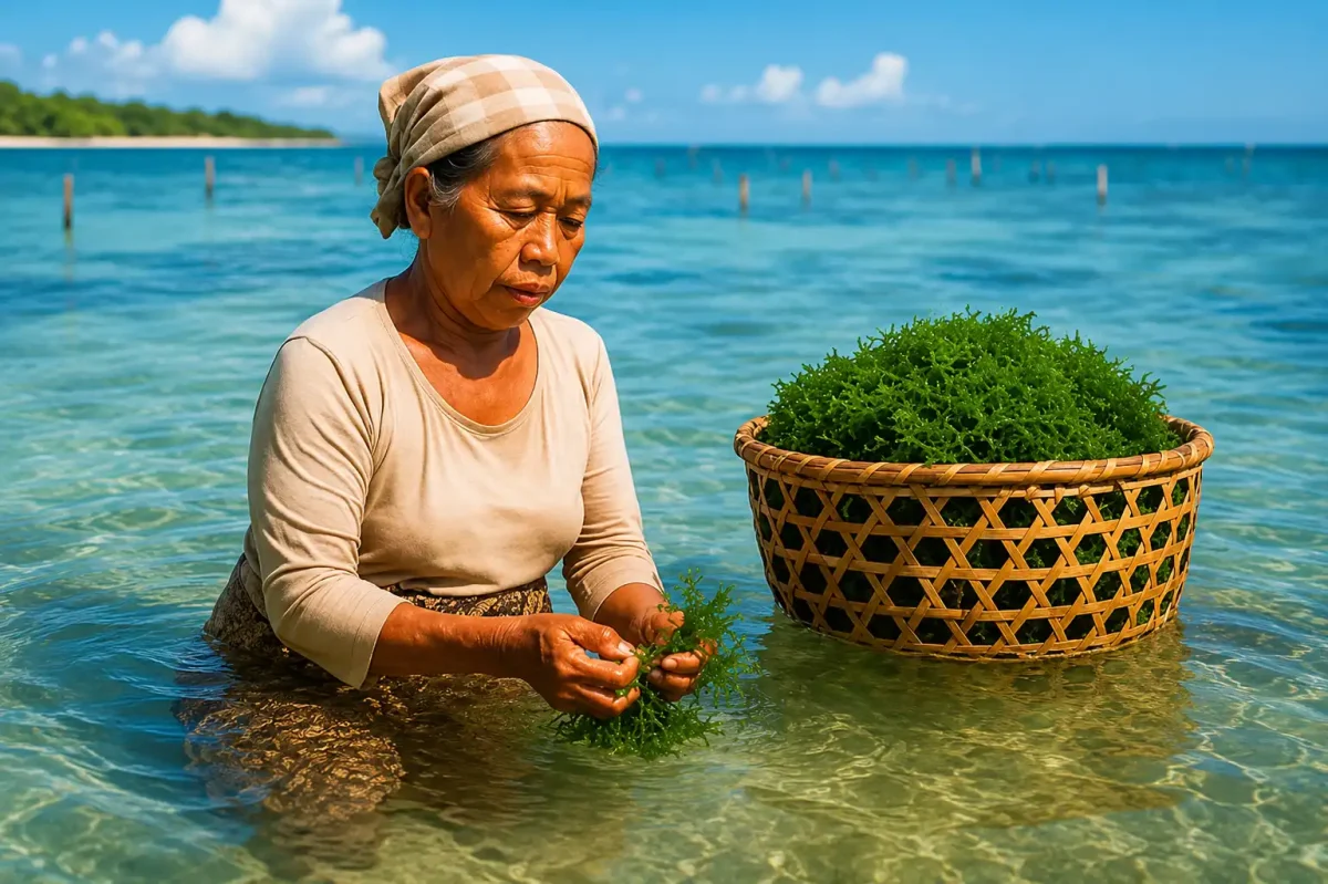 Woman harvesting seaweed at a traditional seaweed farm along the Bali coastline.