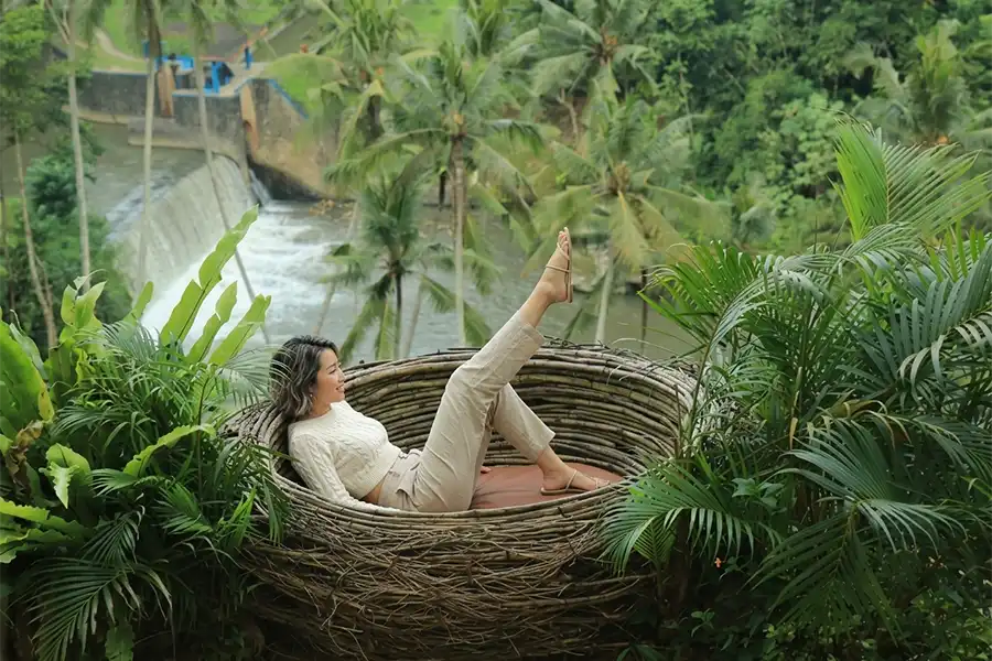 A woman relaxing inside a giant woven bird's nest overlooking a tropical river and palm trees.