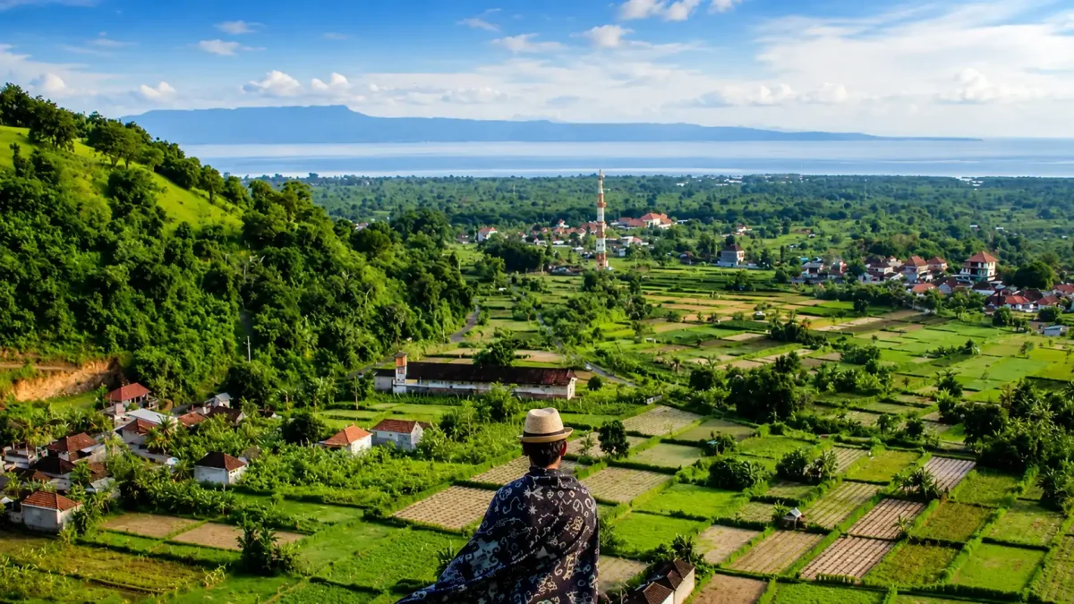 Tourists enjoying panoramic views from Bukit Belong surrounded by lush rice fields in Bali.