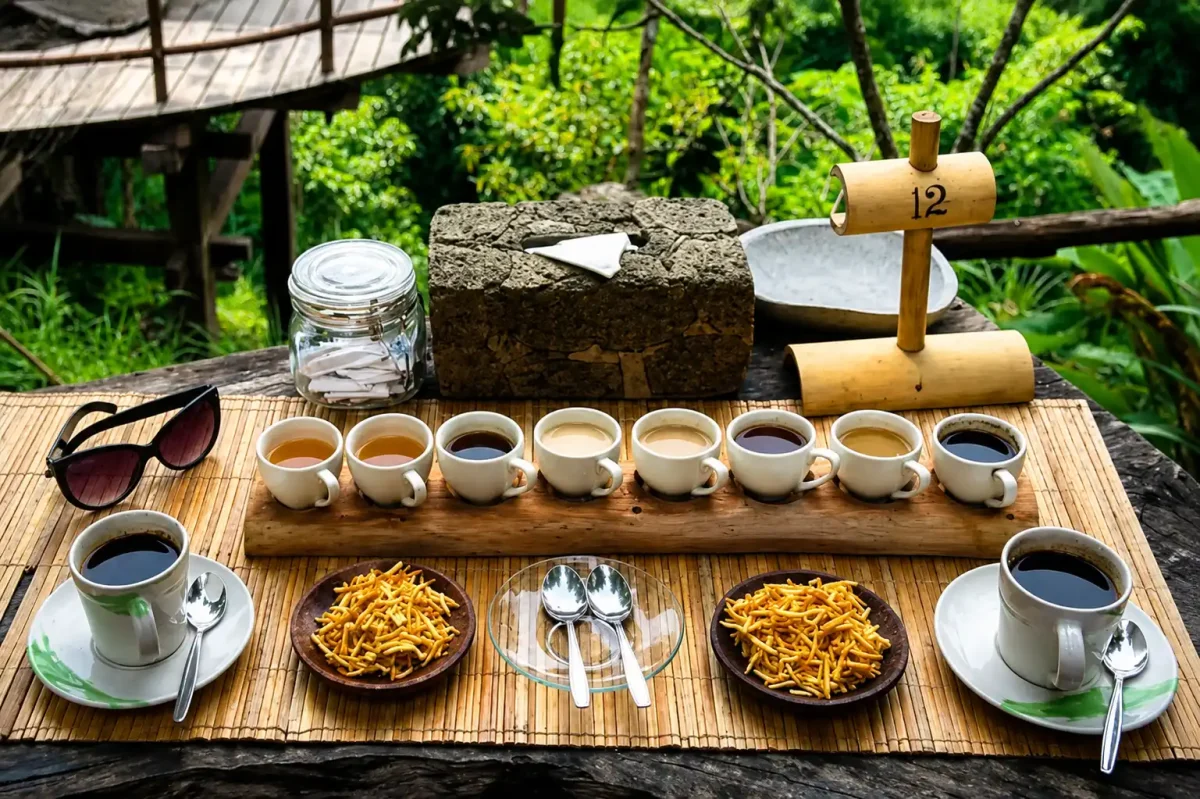 Visitors enjoying a coffee tasting experience at a scenic coffee plantation in best Bali interest place.