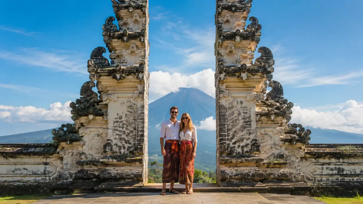 Couple enjoying the iconic Gate of Heaven at Lempuyang Temple in Bali.