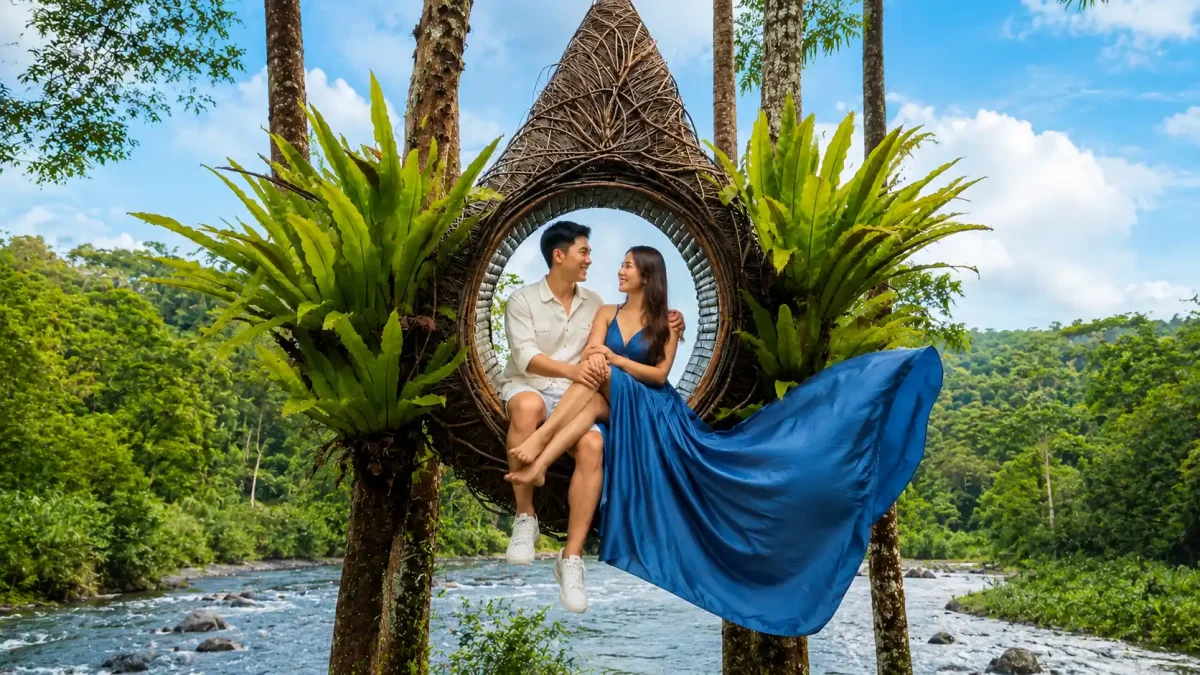 Couple enjoying a romantic giant swing experience overlooking Bali’s lush tropical landscape.