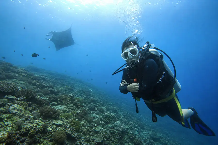 A female scuba diver swimming as a large manta ray glides through the deep blue ocean behind her.