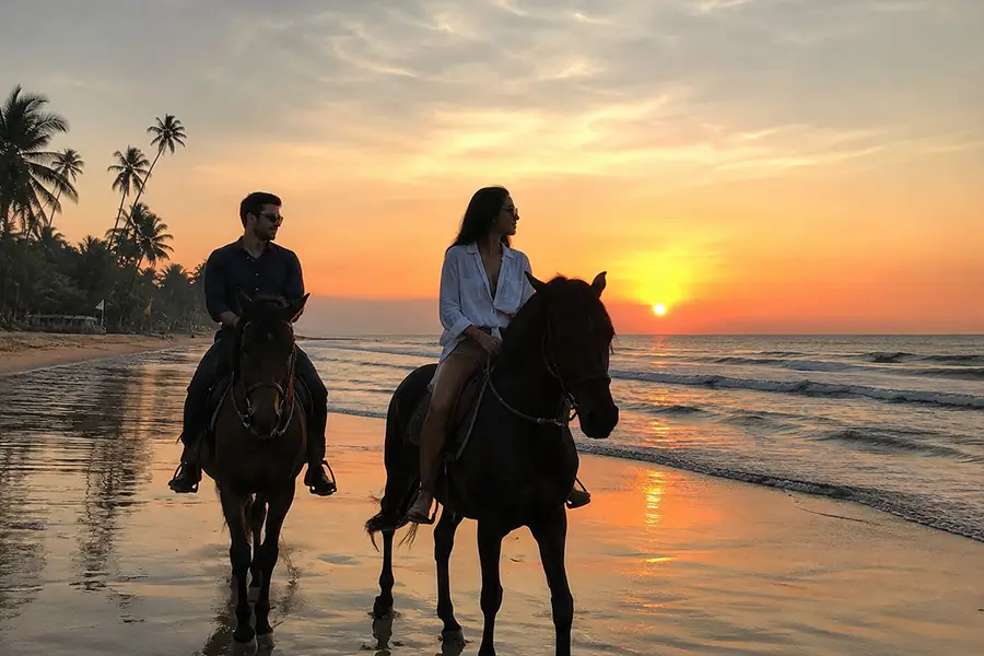 A couple riding two dark horses along a reflective wet beach during a beautiful golden sunset in Bali.