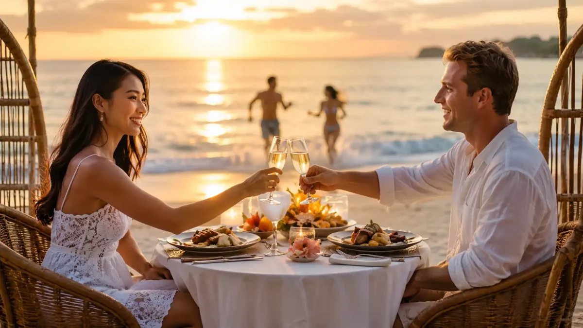 Couple enjoying a romantic candlelight dinner on Jimbaran Beach at sunset in Bali.