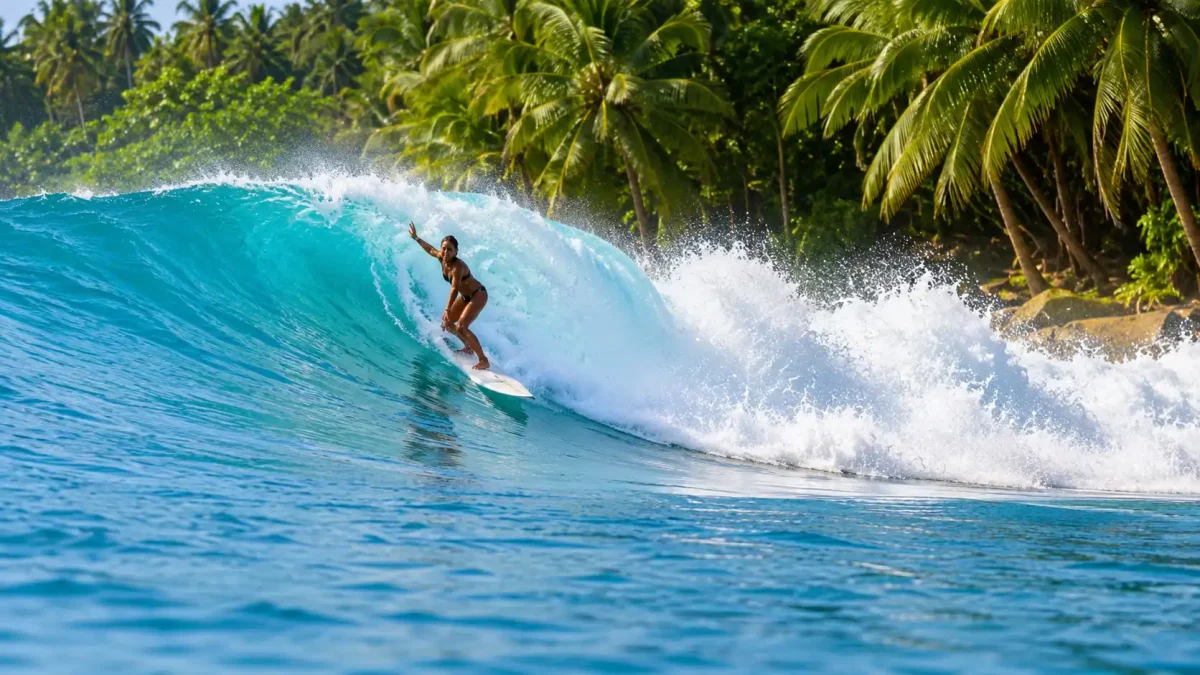 A woman is surfing in Bali, riding a perfect wave at one of Bali’s famous surf beaches.