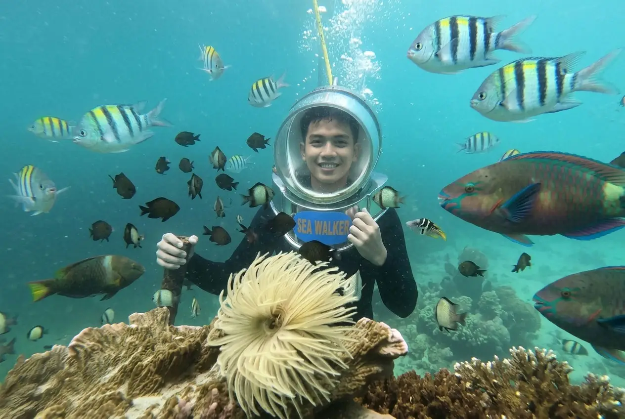 Walk on the seabed with a pressurized helmet