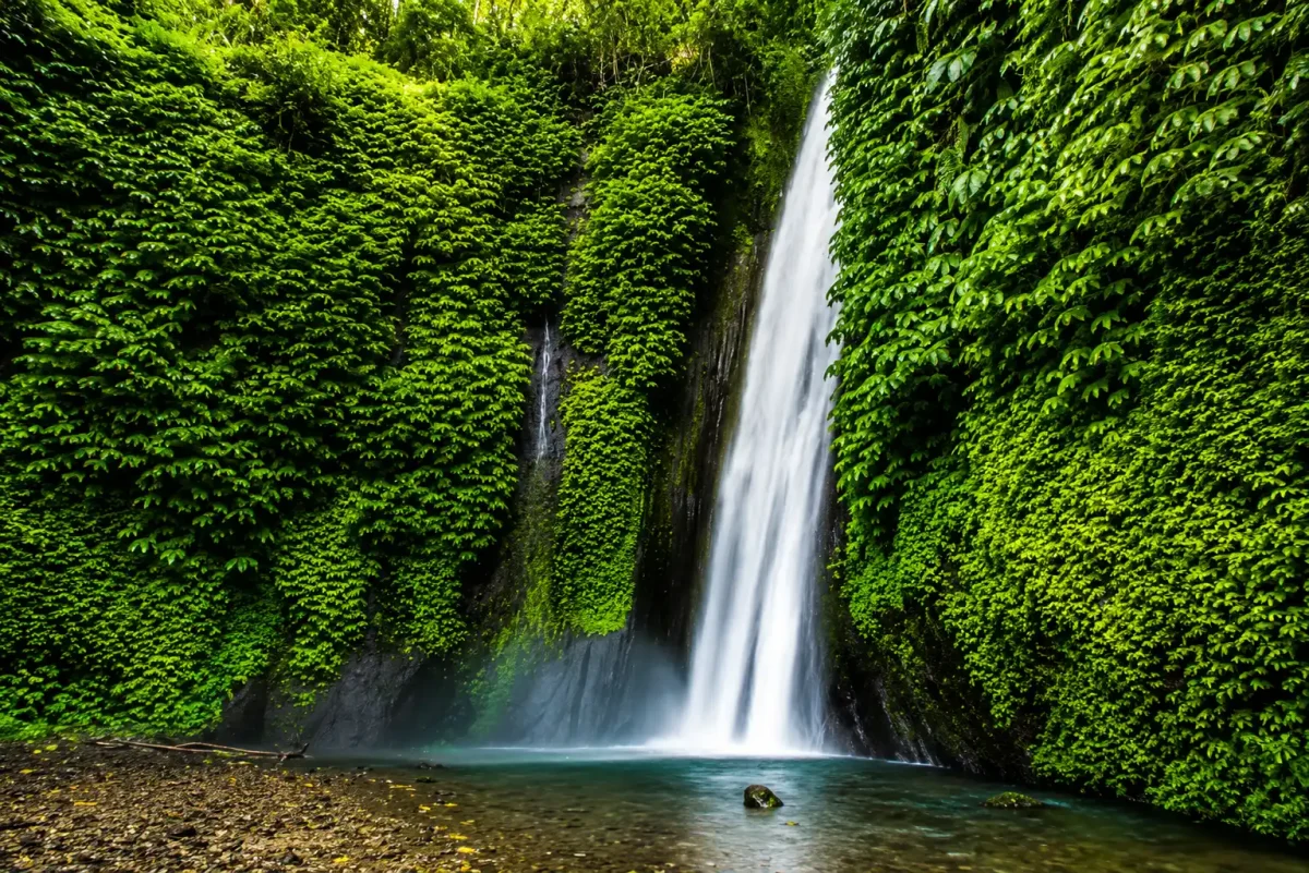 Scenic view of Munduk Waterfall surrounded by lush tropical rainforest in North Bali.Image Description: