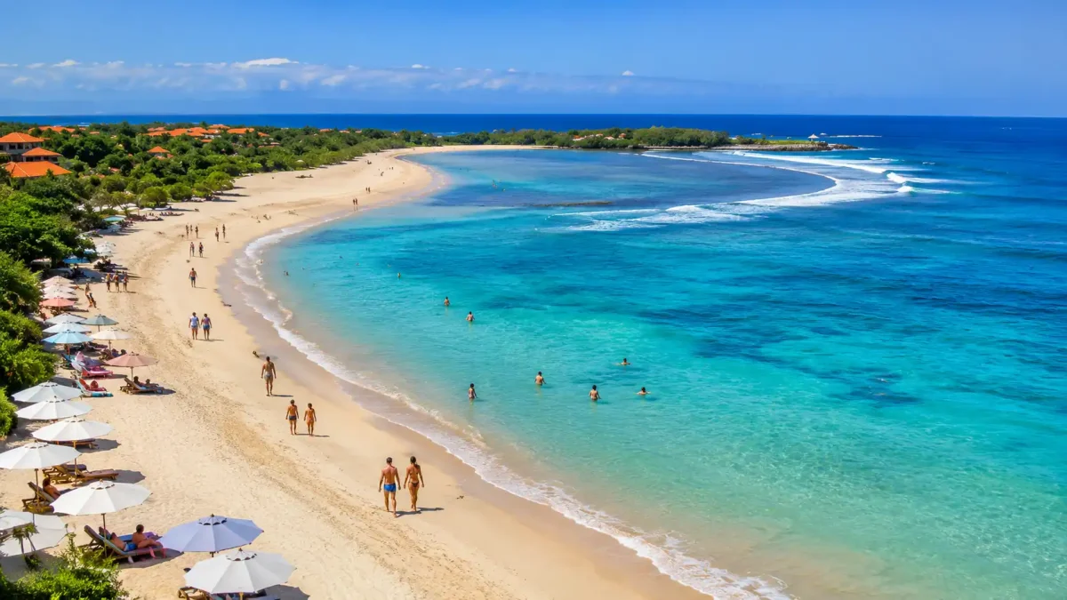 Scenic view of Nusa Dua Beach with white sand, calm turquoise water, and swaying palm trees.