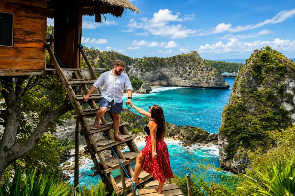 Couple enjoying breathtaking coastal views during a Nusa Penida romantic trip.