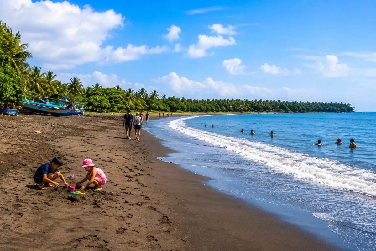 Tourists enjoying the peaceful shoreline of Pebuahan Beach with black sand and ocean views in Bali.