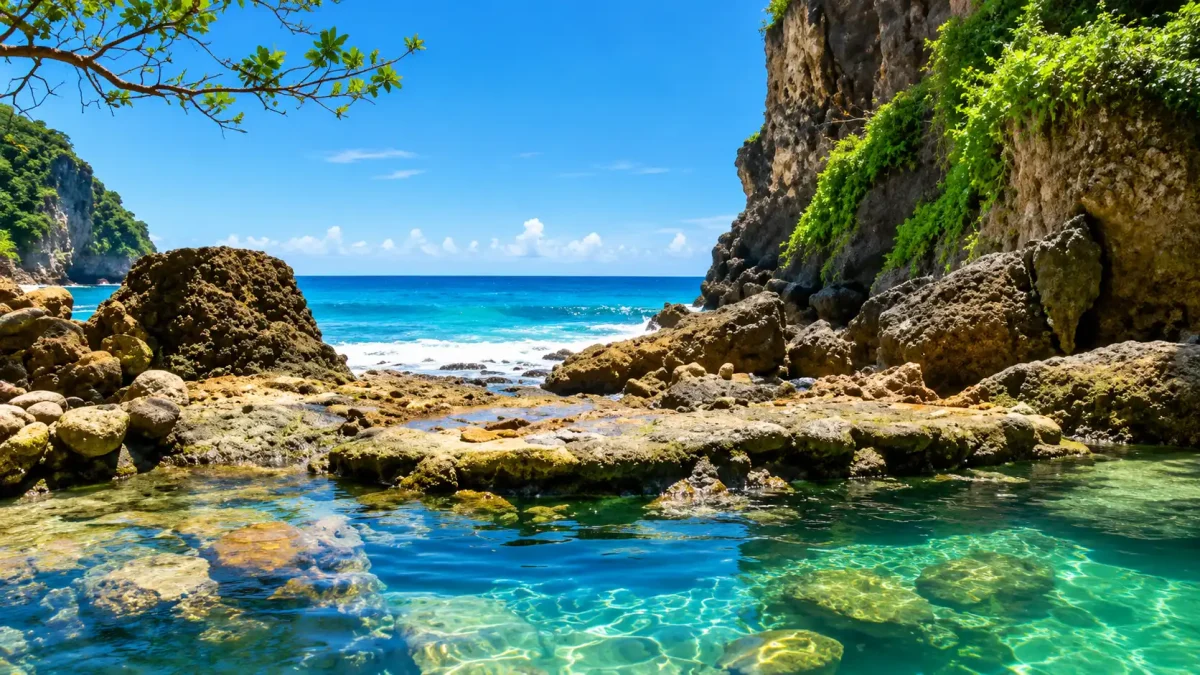 Scenic view of Tembeling Natural Pool surrounded by lush tropical forest in Nusa Penida.