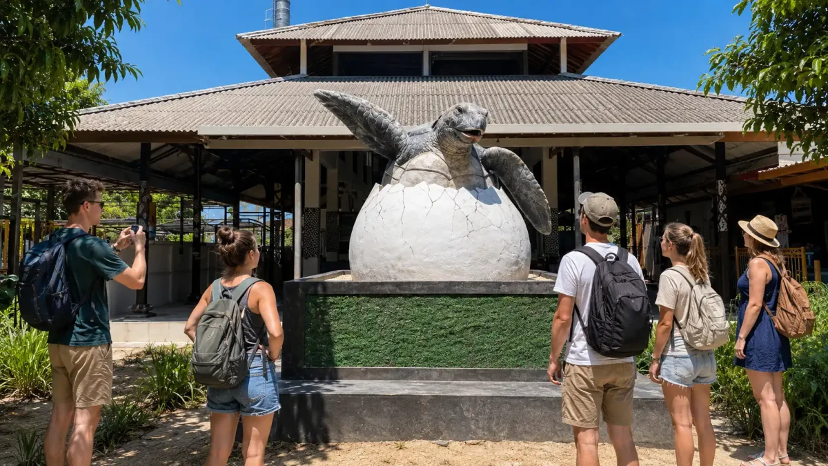 Families visiting TCEC Bali to observe sea turtle conservation and rehabilitation.