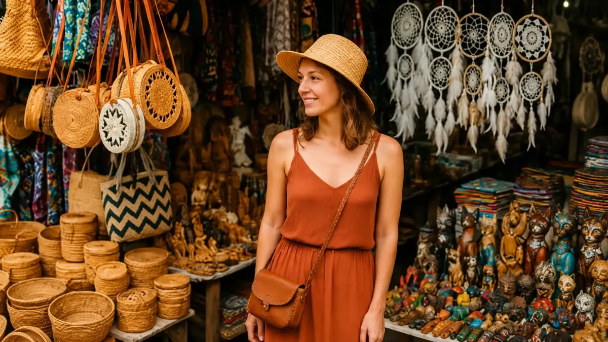 Woman exploring colorful handicraft stalls at Ubud Art Market in Bali.