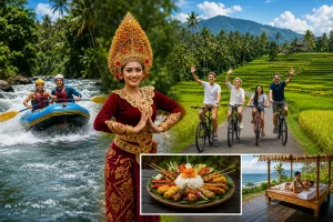 Travelers exploring a variety of Bali attractions, from temples and rice terraces to beaches and waterfalls.