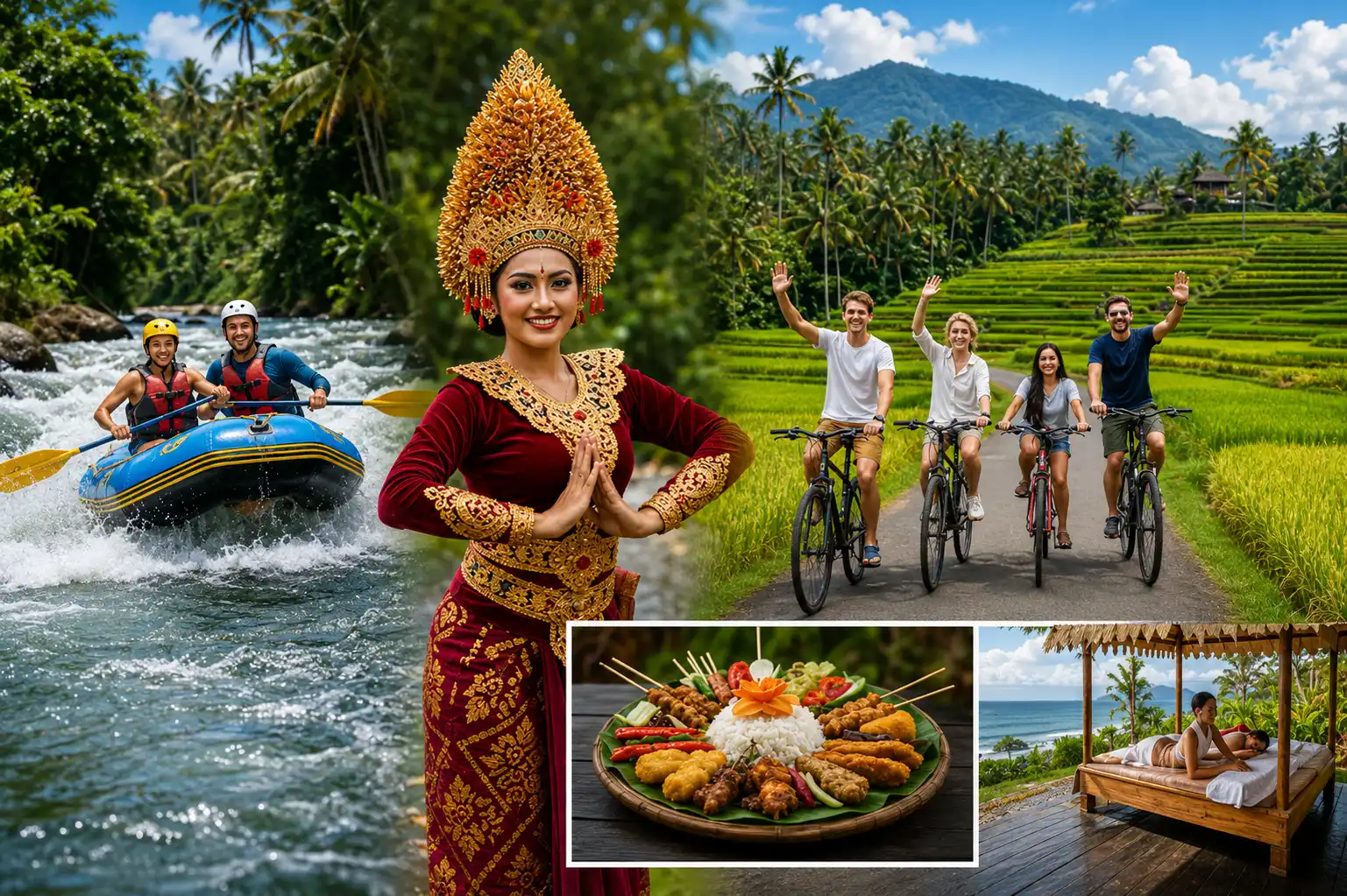 Travelers exploring a variety of Bali attractions, from temples and rice terraces to beaches and waterfalls.