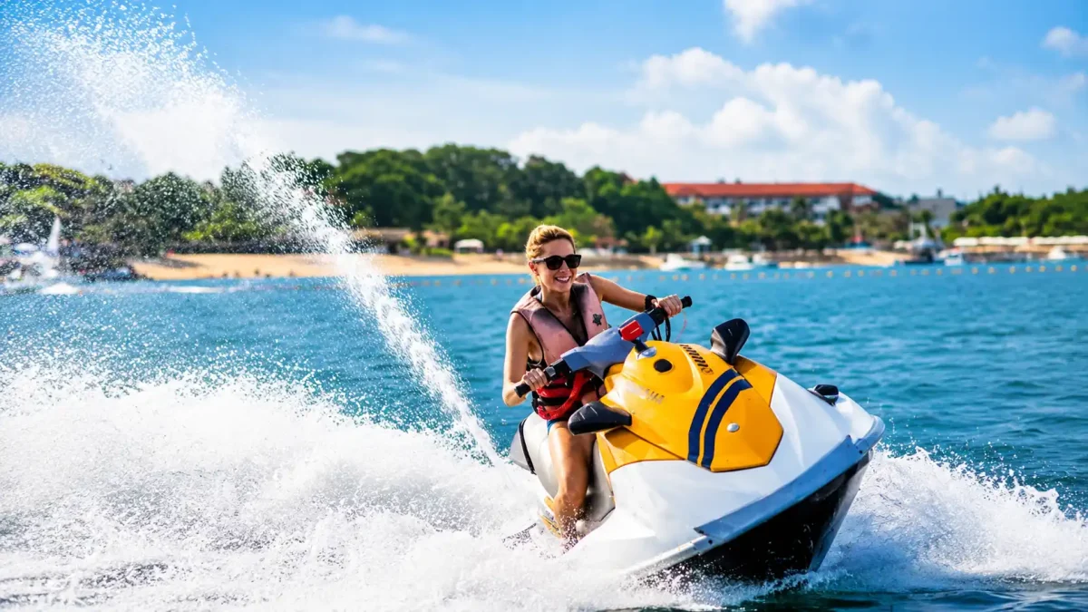 Tourist enjoy watersport in Bali by riding a jet ski across the crystal-clear waters of Bali.
