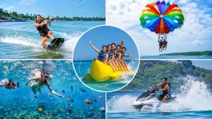 Tourists enjoying a variety of water sports activities on Bali’s beautiful beaches.