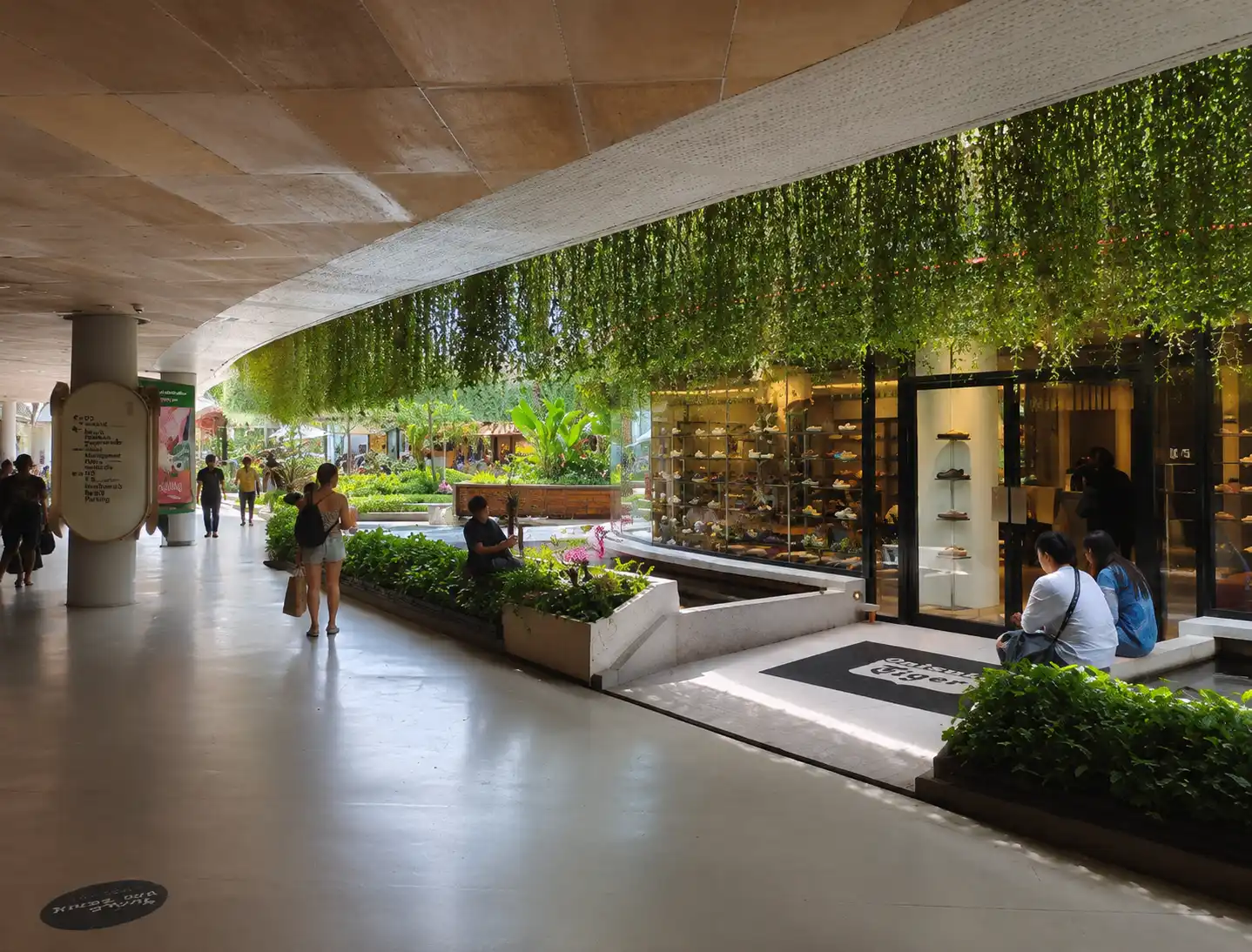 Interior walkway with hanging plants, shoppers, and the Onitsuka Tiger store at Beachwalk Bali Shopping Center.