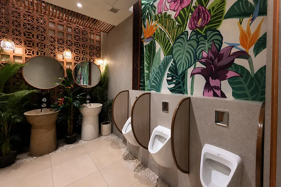 Interior of a modern and clean public restroom located within Icon Bali Mall Sanur.
