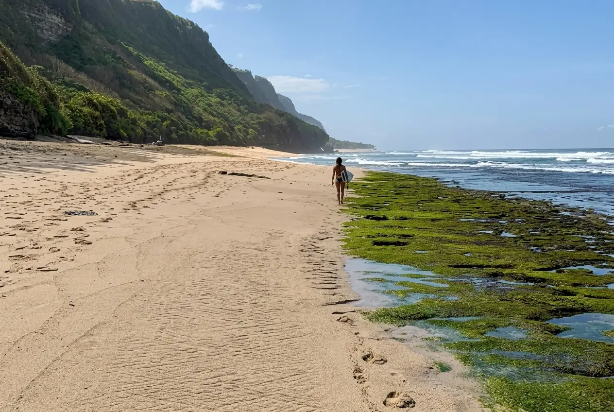 A woman carrying a surfboard walking on a sandy beach beside mossy green reef rocks beneath towering cliffs.