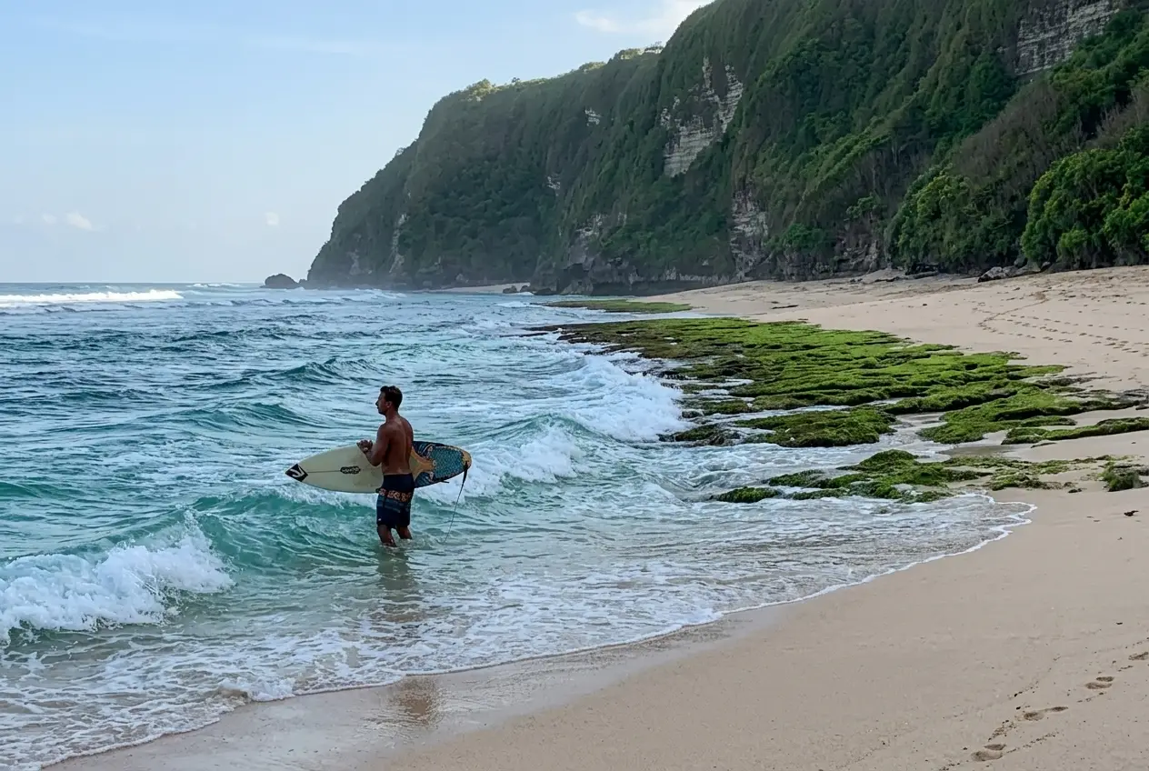 A surfer holding a surfboard standing in ocean waves near mossy reef rocks and steep cliffs.