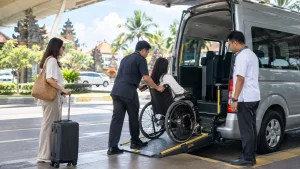 Wheelchair user boarding an accessible private transfer at Bali Airport