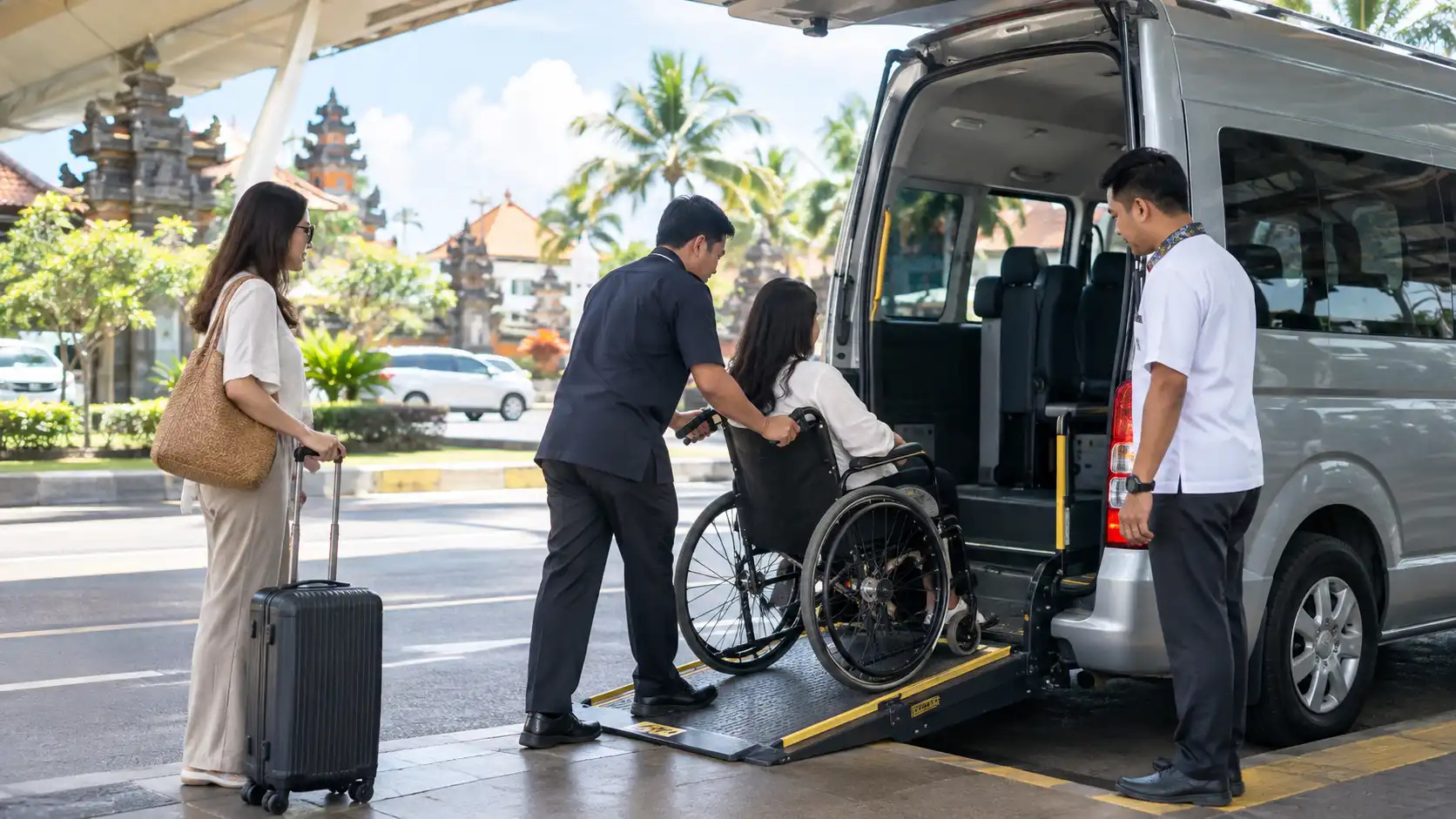 Wheelchair user boarding an accessible private transfer at Bali Airport