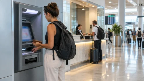 Traveler withdrawing local currency using a Bali airport ATM and money exchange service.