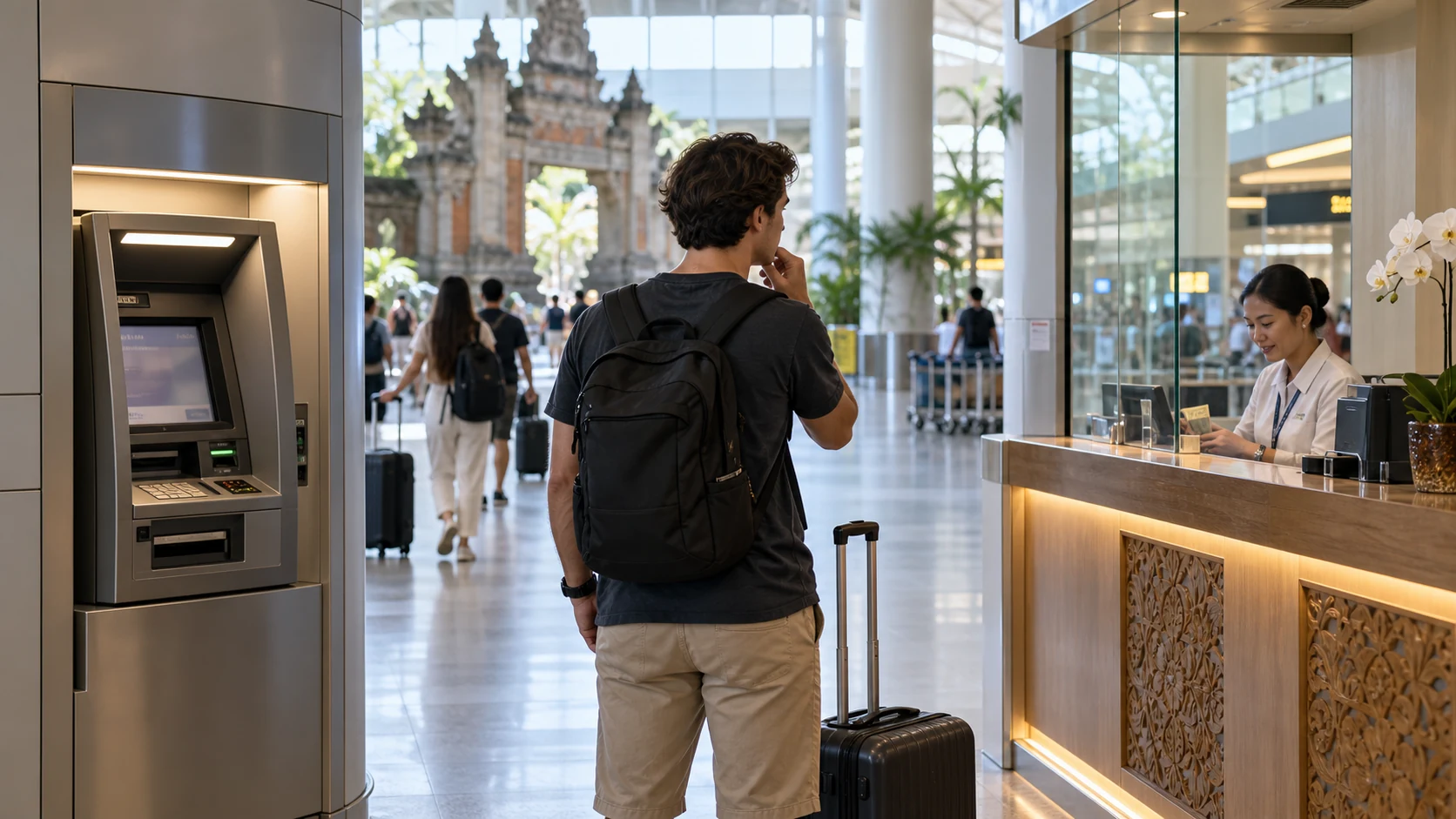 Tourist standing near an official Bali airport ATM and money exchange counter.