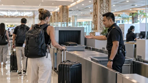 Female traveler presenting bags at a Bali airport customs declaration inspection point.