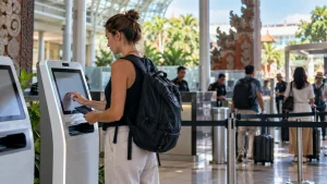 Tourist using an electronic kiosk for Bali airport customs declaration.