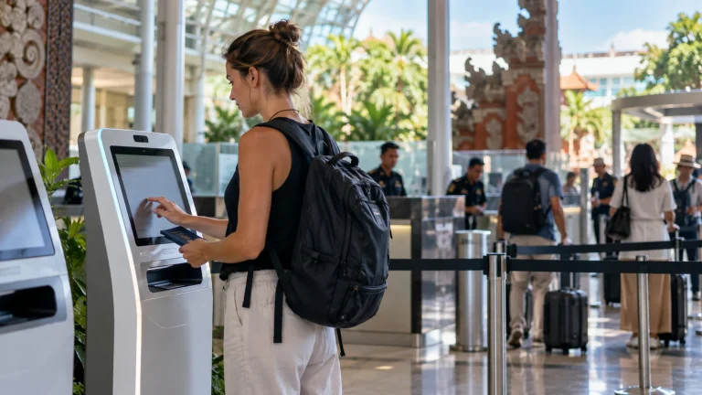 Tourist using an electronic kiosk for Bali airport customs declaration.