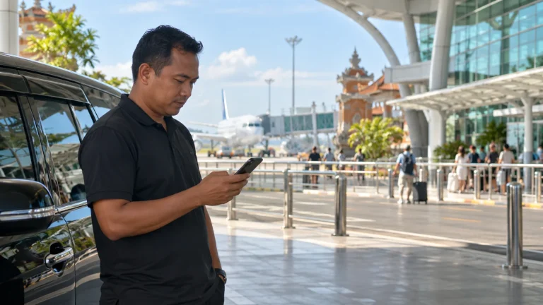 Private driver checking real-time arrival info for a smooth Bali airport flight status pickup.