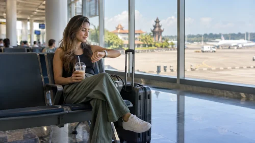 Traveler checking her watch during a stopover following a Bali airport layover guide.
