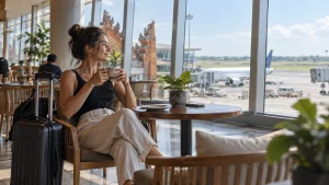 Passenger enjoying coffee with runway views based on a Bali airport layover guide.