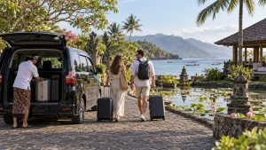 Private airport transfer arriving in the coastal town of Candidasa