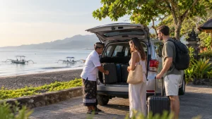 Travellers arriving by private transfer at Lovina's black-sand coast.