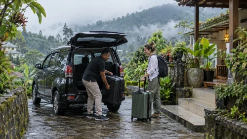 Car drop-off during a Bali airport to Munduk transfer service.