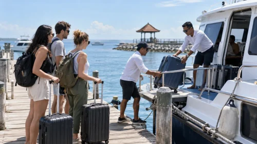 Crew members loading luggage for a Bali airport to Nusa Penida boat trip.