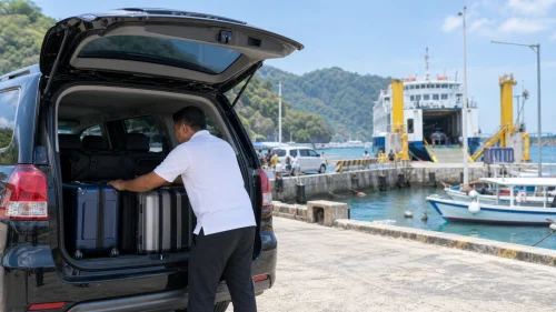 Professional driver loading suitcases during a Bali airport to Padang Bai transfer at the port.