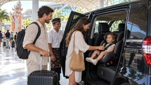 Family airport transfer vehicle fitted with a child safety seat.