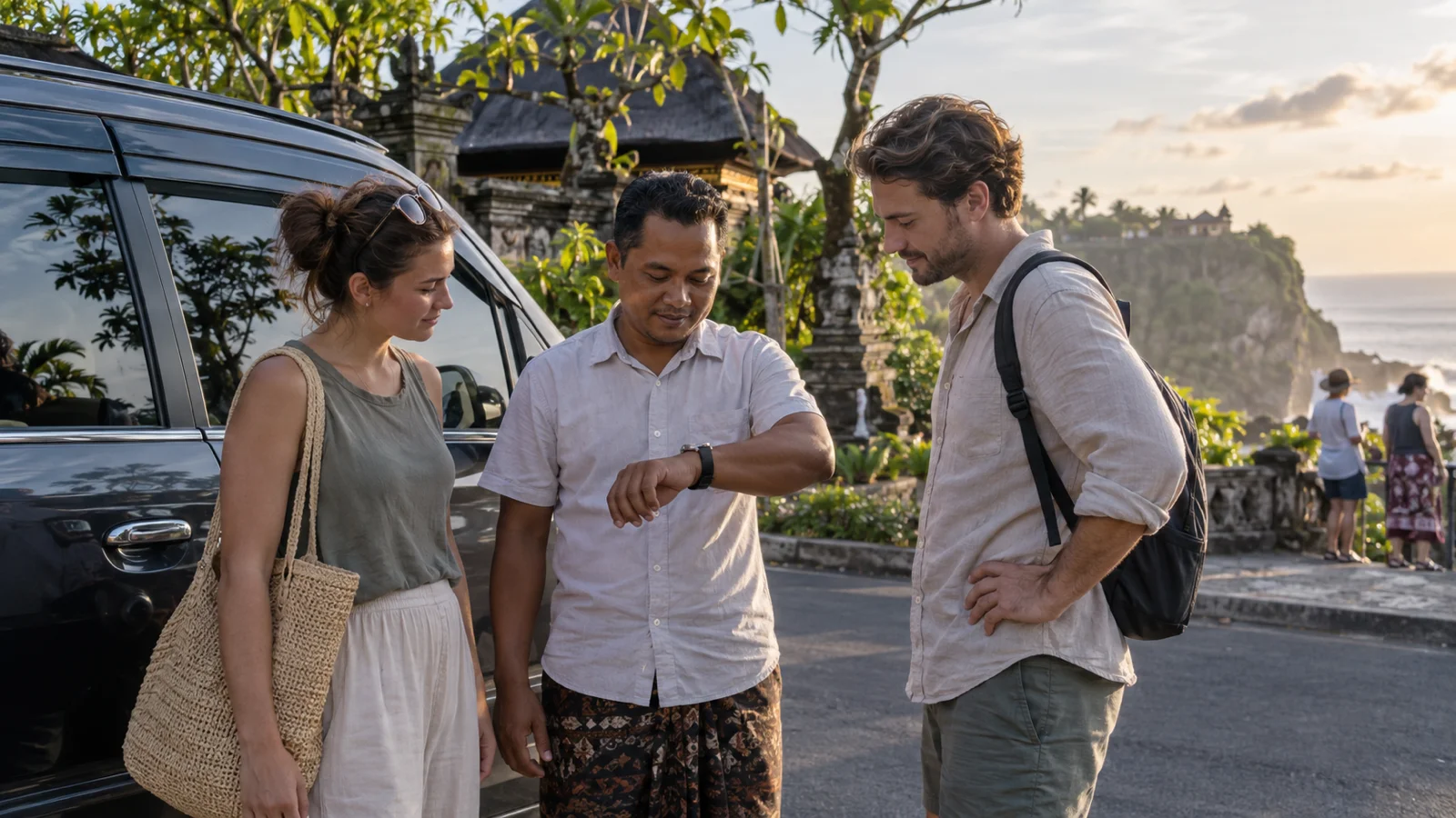 A driver and travellers calmly reviewing the time near their vehicle after a late-afternoon sightseeing stop.