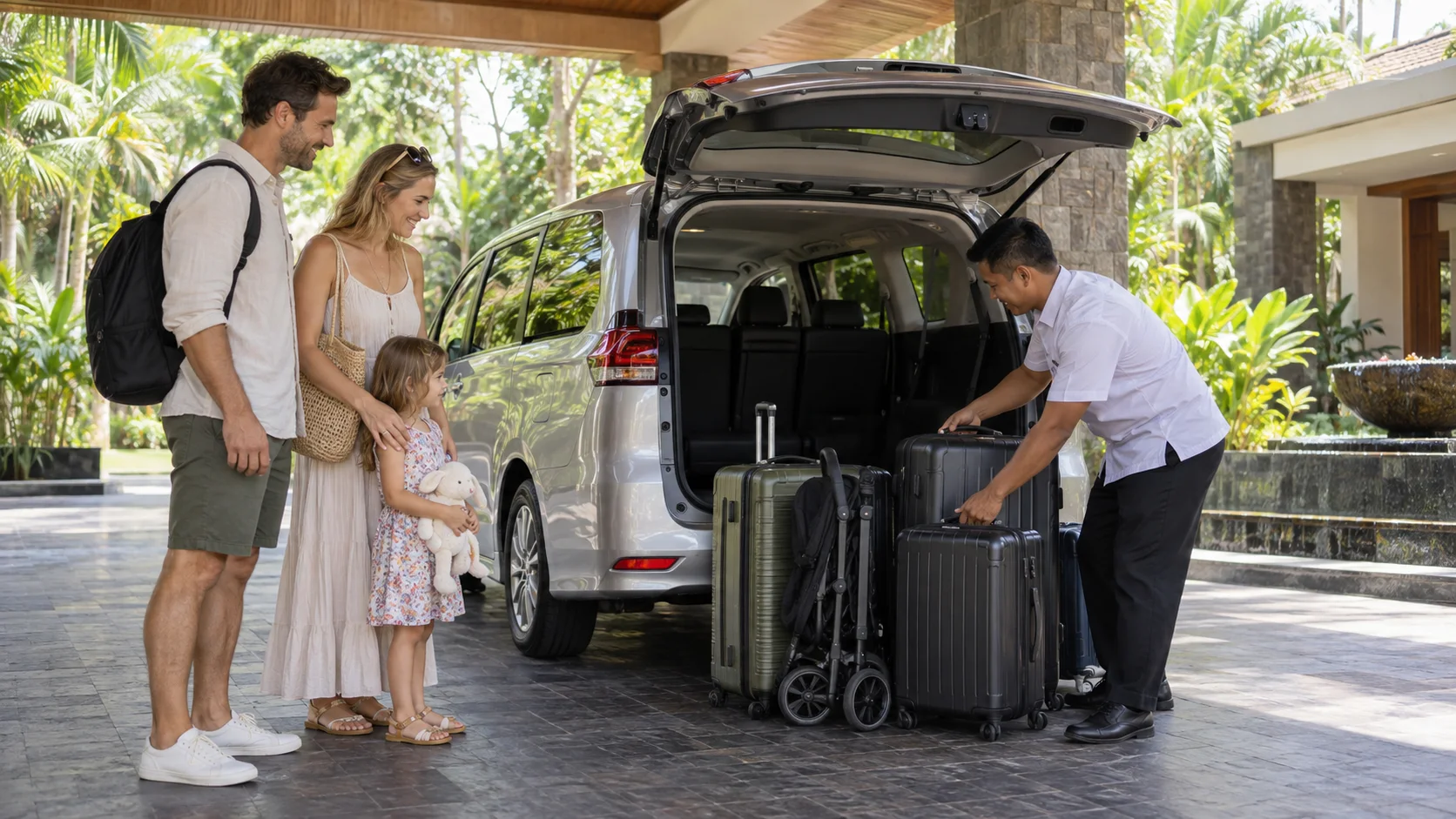 Family luggage being loaded into a Bali airport transfer vehicle