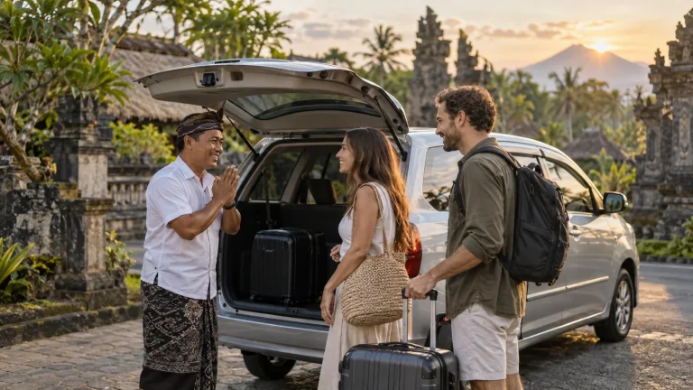 A private driver greeting travellers beside a clean MPV at sunrise before a full-day Bali journey.